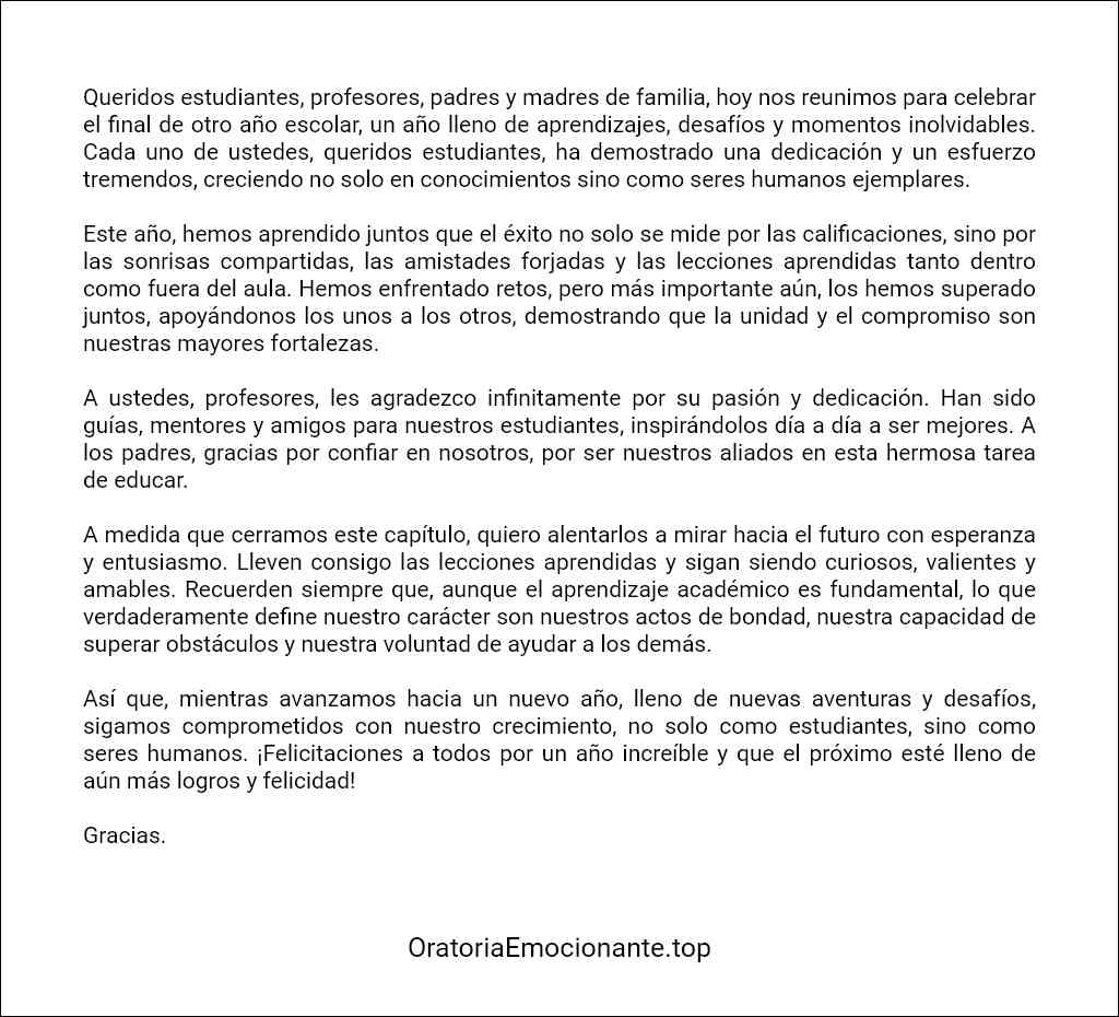 formato de Discurso de fin de año escolar para primaria